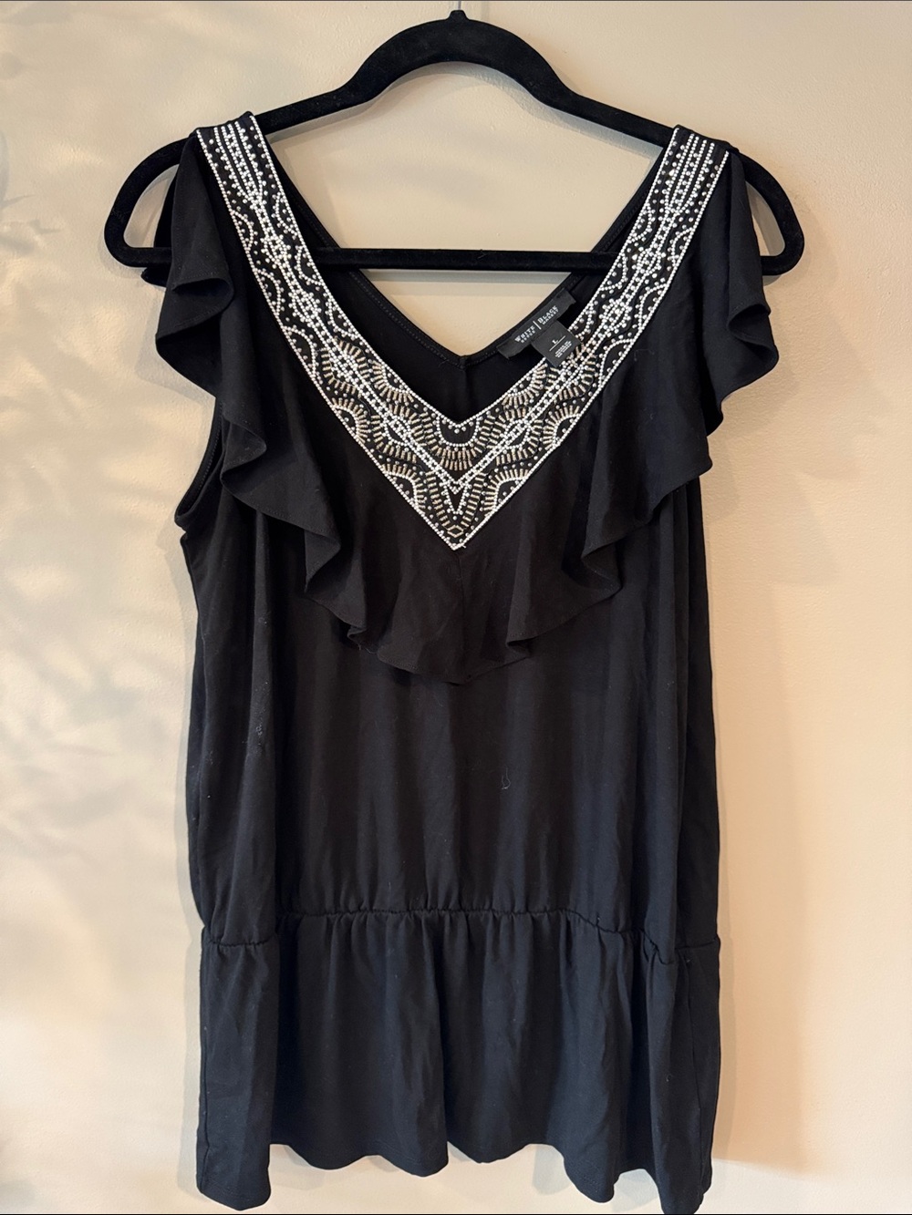 White House Black Market Black Mini Dress with White Embroidered V-Neck